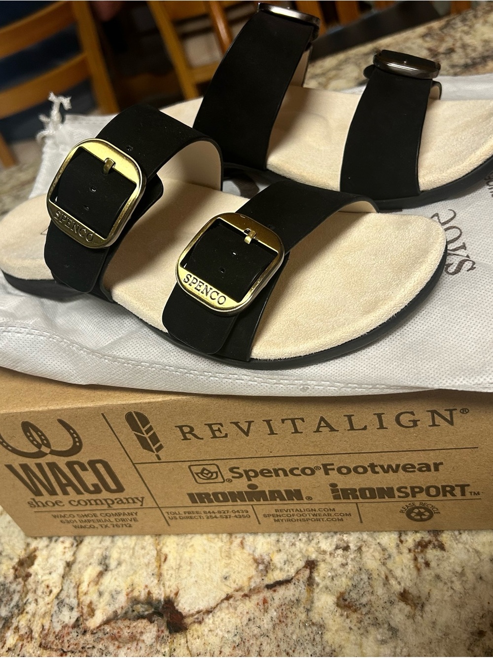 NIB Spenco Women's 7W Leather Black Double-Buckle Slide Sandals With Box & Bag